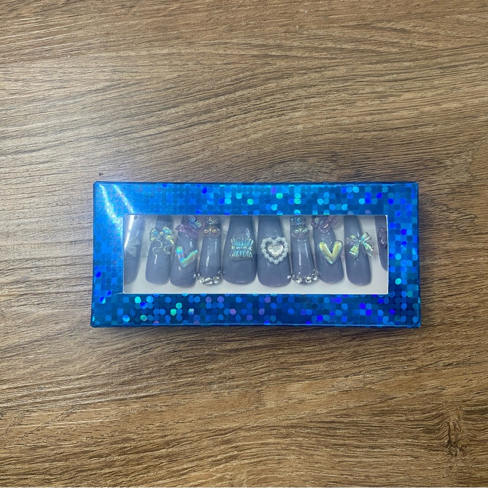 Blue Glitter Nail Set with Charms
